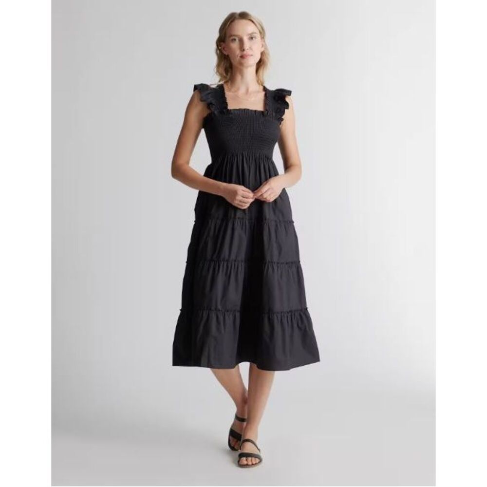 Quince 100% Organic Cotton Poplin Smocked Midi Dress in black